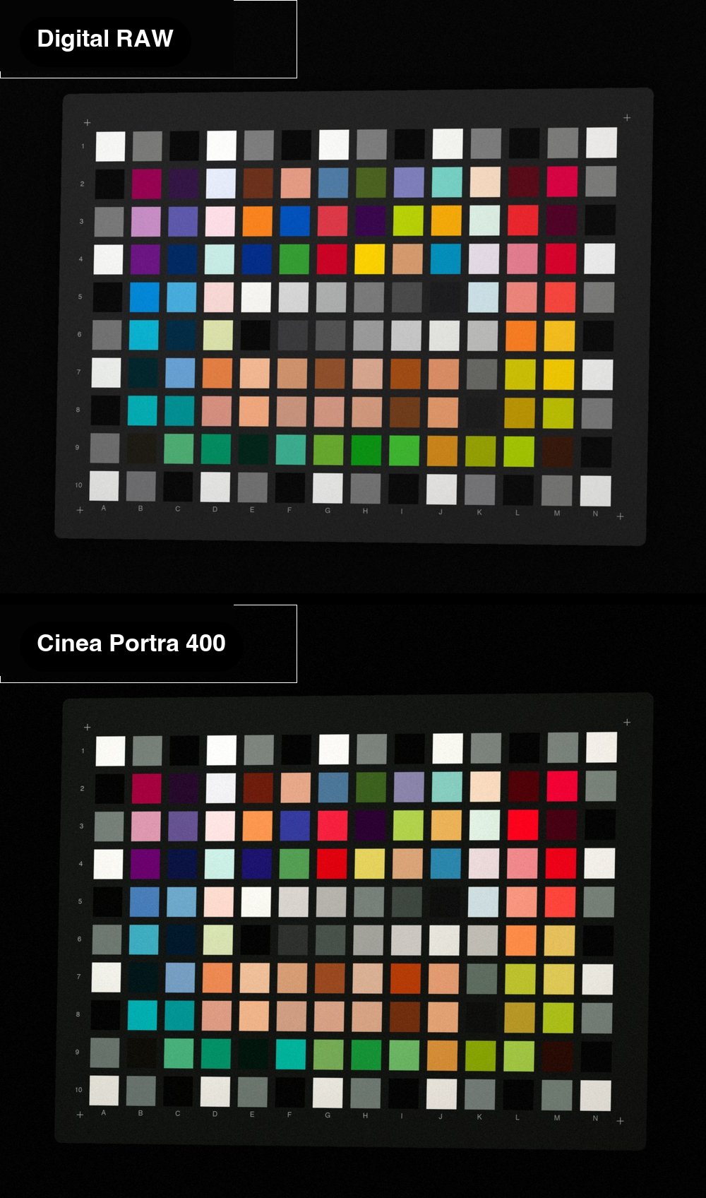 A 140 patch colour chart as a digital RAW, and below it through the Cinea Portra 400 profile