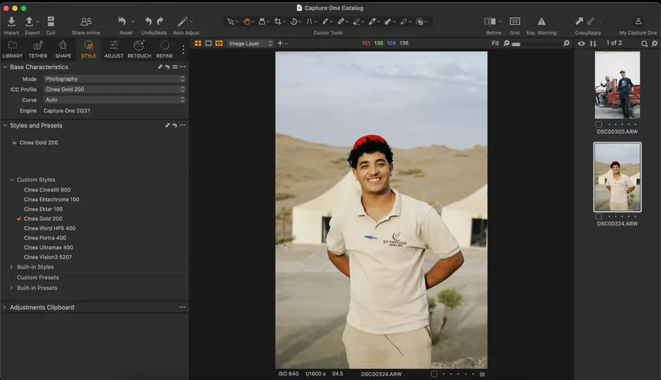 Capture One with the ICC profile set to Cinea Gold 200