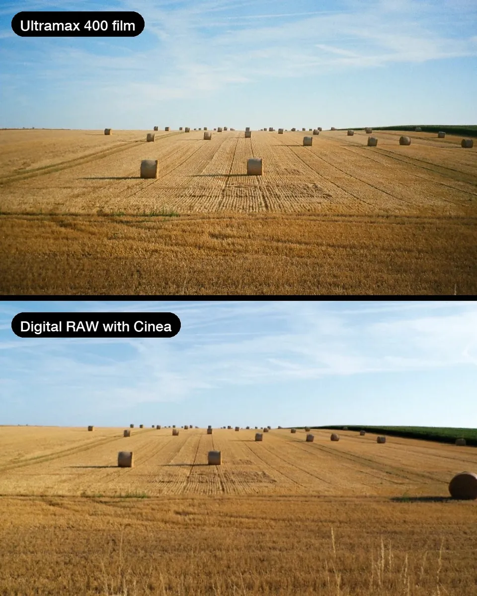 A field of hay bales on Ultramax 400 film, and below it the same scene as a digital RAW with Cinea Ultramax